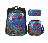 SYKzqiO Poppies on Blue Sky 3-Piece Backpack Set with Messenger Bag and Pouch,fit for Tourism, Mountaineering, Shopping