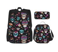 SYKzqiO Sugar and Skulls Style 3-Piece Backpack Set with Messenger Bag and Pouch,fit for Tourism, Mountaineering, Shopping