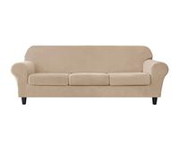 SYLC 4 Pieces Sofa Slipcover Stretch Velvet, Sofa Cover 3 Seater with 3 Separate Seat Cushion Covers, Couch Furniture Protector Collection Split Set (Khaki)