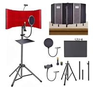SYLPHID Microphone Isolation Shield with Pop Filter & Stand and Phone Clip, Foldable Triple Layer Sound Proofing, Studio Mic Cover for Recording, Podcasting, Streaming, Singing, YouTube Videos Red