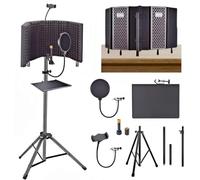 SYLPHID Microphone Isolation Shield with Pop Filter & Stand and Phone Clip, Foldable Triple Layer Sound Proofing, Studio Mic Cover for Recording, Podcasting, Streaming, Singing, YouTube Videos Black