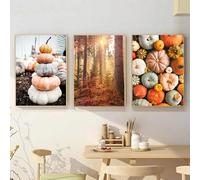 SYLUOQP 3PCS Autumn Landscape Pumpkin Maple Leaf Falling Leaves Hanging Painting Log Cabin Living Room Bedroom Decoration Poster, Frameless,A,20x30cm