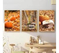 SYLUOQP 3PCS Autumn Landscape Pumpkin Maple Leaf Falling Leaves Hanging Painting Log Cabin Living Room Bedroom Decoration Poster, Frameless,B,50x70cm
