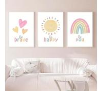 SYLUOQP 3pcs Cartoon Pink Watercolor Rainbow Sun Love Heart Children's Room Baby Bedroom Decoration Painting Hanging Painting Core Poster Frameless,30x40cm