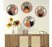 SYLUOQP 4pcs Boho Black Cat Wall Decor, Farmhouse Geometric Hanging Wooden Wall Art, Abstract Moon and Sun Wood Sign for Nursery Bedroom Decoration, Lovely Cat Gifts