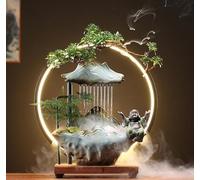 SYLUOQP Ceramic Buddha Water Fountains Indoor Waterfall with LED 2 Buddhas Mist Water Fountain with Backflow Incense Holder for Feng Shui Strees,B