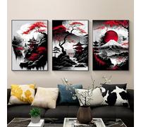 SYLUOQP Japanese landscape post, Japanese temple in autumn black and white, wall decoration for the living room, without 3pcs frame,A,50x70cm