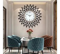 SYLUOQP Large Diamond Jeweled Wall Clock Crystal Modern 3D Sunburst for Living Room Kitchen Office,Black,60cm
