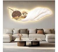 SYLUOQP Modern wall clock in feathers with LED light and clock, wall decoration in hand painted feathers for living room, bedroom,A,120 * 43CM