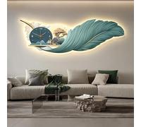 SYLUOQP Modern wall clock in feathers with LED light and clock, wall decoration in hand painted feathers for living room, bedroom,C,120 * 43CM