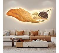 SYLUOQP Modern wall clock in feathers with LED light and clock, wall decoration in hand painted feathers for living room, bedroom,D,100 * 36CM