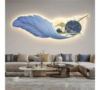 SYLUOQP Modern wall clock in feathers with LED light and clock, wall decoration in hand painted feathers for living room, bedroom,B,100 * 36CM