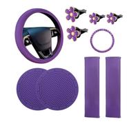 Sylvil 10PCS Leather Steering Wheel Cover for Women, Cute Car Accessories Set with Seat Belt Shoulder Pads, Cup Holders Bling Start Button Ring Sticker Air Vent Clip, Car Accessories (Purple)