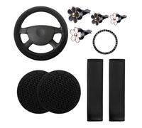 Sylvil 10PCS Leather Steering Wheel Cover for Women, Cute Car Accessories Set with Seat Belt Shoulder Pads, Cup Holders Bling Start Button Ring Sticker Air Vent Clip, Car Accessories (Black)
