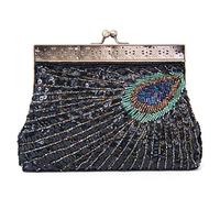 SYMALL Women's Clutch Retro Style Beaded Peacock Tail Shimmering Sequined Purse Evening Handbag Bridal Clutch Vintage Party Bag, Black