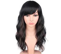 SYMEIW Black Wavy Wig With Brown Highlights For Women - Medium Long Synthetic Wig With Bangs For Daily Use (Black With Brown Highlights)