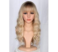 SYMEIW Medium Length Blonde Wavy Synthetic Hair Wigs for Women with Bangs Daily Use (Blonde)