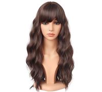 SYMEIW Medium Length Brown Wavy Wigs for Women Synthetic Hair Wig with Bangs Daily Use (Brown)