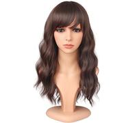SYMEIW Medium Length Dark Brown Wavy Wigs With Bangs For Women - Heat Resistant Synthetic Brown Wigs For Daily Use (DARK BROWN(2#))