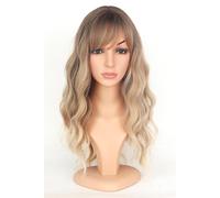 SYMEIW Ombre Blonde Dirty Wavy Wig with Bangs for Women Medium Length Blonde Ash Blonde Synthetic Hair Replacement Wig for Daily Use 18 Inch