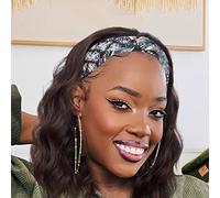 SYMEIW Shoulder Length Medium Brown Wavy Headband Wig for Black Women Curly Medium with Headband Synthetic Wrap Turban Wigs for Women (M
