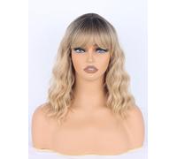 SYMEIW Wavy Blonde Wig with Bangs Shoulder Length Synthetic Blonde Wavy Wigs with Dark Brown Roots Heat Resistant for Her