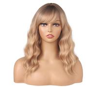 SYMEIW Wavy Blonde Wig with Bangs Shoulder Length Synthetic Blonde Wavy Wigs with Dark Brown Roots Heat Resistant for Her