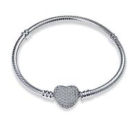 Symiretie S925 Snake Chain Charm Bracelet with Round Clasp Charm, for European Charms-Crystal Dome Heart(17CM)