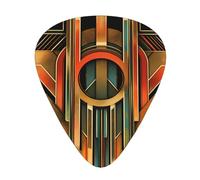Symmetrical Art Deco Font printed guitar picks, 12-piece set with thin, medium, and thick styles, comes with a storage case