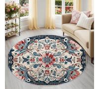 Symmetrical Floral Mandala Round Rug 120 cm for Under Table, Antique Oriental Washable Non-Slip Circle Carpet, Low-Pile Rug Floor Mat for Dining Room & Living Room, Multicoloured