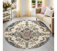 Symmetrical Floral Round Rug 120 cm for Bedroom, Low-Profile Washable Classical Glam Area Rugs, Soft Non-Slip Thin Floor Mat for Coffee Table, Entrance, Multicolored