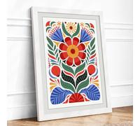 Symmetrical Folk Bloom Botanical Framed Wall Art Print A4 (29.7×21cm) White, Wall Decor for Living Room, Bedroom, Office & Home, Ready to Hang, Art Gift
