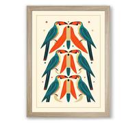 Symmetrical Parrots Mid-Century Framed Wall Art Print A4 (29.7×21cm) Oak, Wall Decor for Living Room, Bedroom, Office & Home, Ready to Hang, Art Gift