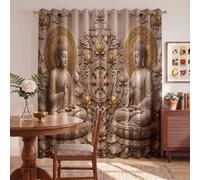 Symmetrical Stone Carving Blackout Curtains for Bedroom, Thermal Insulated Full Room Darkening Curtain for Living Room with Twin Buddhas The Dharma Wheel, 2 Panel 54 Inch Length Drapes, Off-White