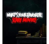 Symone What'S Your Favorite Scary Movie Neon Sign, Gothic Neon Light USB Powered Dimmable LED Halloween Neon Signs for Wall Decor, for Movie Room Party Terrifying Interior Decor(15.7 * 5.1 In)