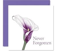 Sympathy Card - Elegantly Illustrated Calla Lily - Purple and White Motif with 'Never Forgotten' Script - 145mm Square, Envelope Included
