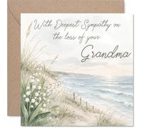 Sympathy Card - Loss of Grandma - A Gentle Touch in Difficult Times - Pastel Beach with Delicate Flowers Evokes Peaceful Remembrance - 145mm Square, Envelope Included