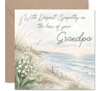 Sympathy Card - Loss of Grandpa - Gentle Words for a Difficult Time - Serene Beach Scene with Delicate Floral Details - 145mm Square, Envelope Included
