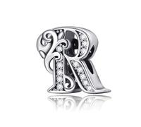 Symreite Letter R Charms 925 Sterling Silver Alphabet Wavy Bead Charms with 5A Cubic Zirconia Initial Charm fits Pandora Charms Bracelet