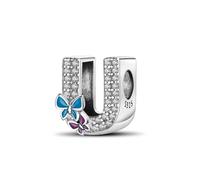 Symreite Letter U Charms 925 Sterling Silver Alphabet Butterfly Beads Charms with 5A Cubic Zirconia Initial Charm fits Pandora Charms Bracelet