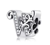 Symreite Letter W Charms 925 Sterling Silver Alphabet Wavy Bead Charms with 5A Cubic Zirconia Initial Charm fits Pandora Charms Bracelet