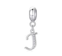 Symretie Initial Letter 'J' 925 Sterling Silver Charm Bead - Compatible with Pandora Bracelets, Dangle Pendant Charm, Suitable for Necklaces & Bracelets, Ideal Jewelry Gift for Women