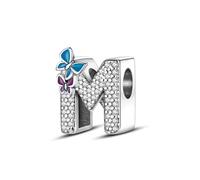 Symretie Initial Letter 'M' 925 Sterling Silver Charm Bead - Compatible with Pandora Bracelets, Dangle Pendant Charm, Suitable for Necklaces & Bracelets, Ideal Jewelry Gift for Women