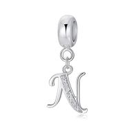 Symretie Initial Letter 'N' 925 Sterling Silver Charm Bead - Compatible with Pandora Bracelets, Dangle Pendant Charm, Suitable for Necklaces & Bracelets, Ideal Jewelry Gift for Women