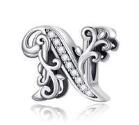 Symretie Initial Letter 'N' 925 Sterling Silver Charm Bead - Compatible with Pandora Bracelets, Dangle Pendant Charm, Suitable for Necklaces & Bracelets, Ideal Jewelry Gift for Women