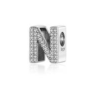 Symretie Initial Letter 'N' 925 Sterling Silver Charm Bead - Compatible with Pandora Bracelets, Dangle Pendant Charm, Suitable for Necklaces & Bracelets, Ideal Jewelry Gift for Women
