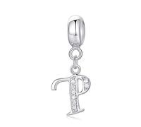 Symretie Initial Letter 'P' 925 Sterling Silver Charm Bead - Compatible with Pandora Bracelets, Dangle Pendant Charm, Suitable for Necklaces & Bracelets, Ideal Jewelry Gift for Women