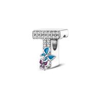 Symretie Initial Letter 'T' 925 Sterling Silver Charm Bead - Compatible with Pandora Bracelets, Dangle Pendant Charm, Suitable for Necklaces & Bracelets, Ideal Jewelry Gift for Women