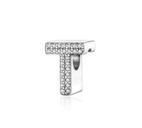 Symretie Initial Letter 'T' 925 Sterling Silver Charm Bead - Compatible with Pandora Bracelets, Dangle Pendant Charm, Suitable for Necklaces & Bracelets, Ideal Jewelry Gift for Women