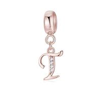 Symretie Initial Letter 'T' 925 Sterling Silver Charm Bead - Compatible with Pandora Bracelets, Dangle Pendant Charm, Suitable for Necklaces & Bracelets, Ideal Jewelry Gift for Women
